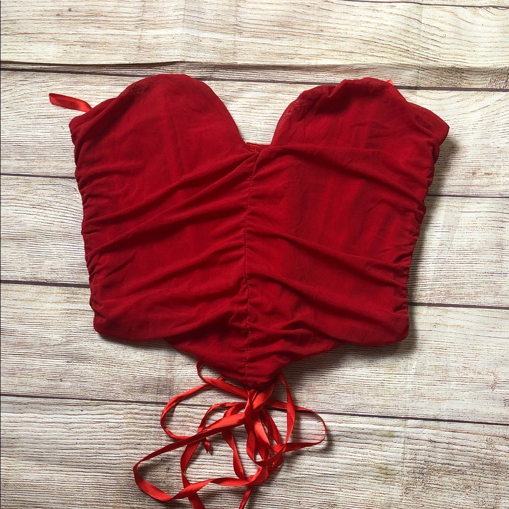 Red Ruched Strapless Lace Up Corset Top‎
